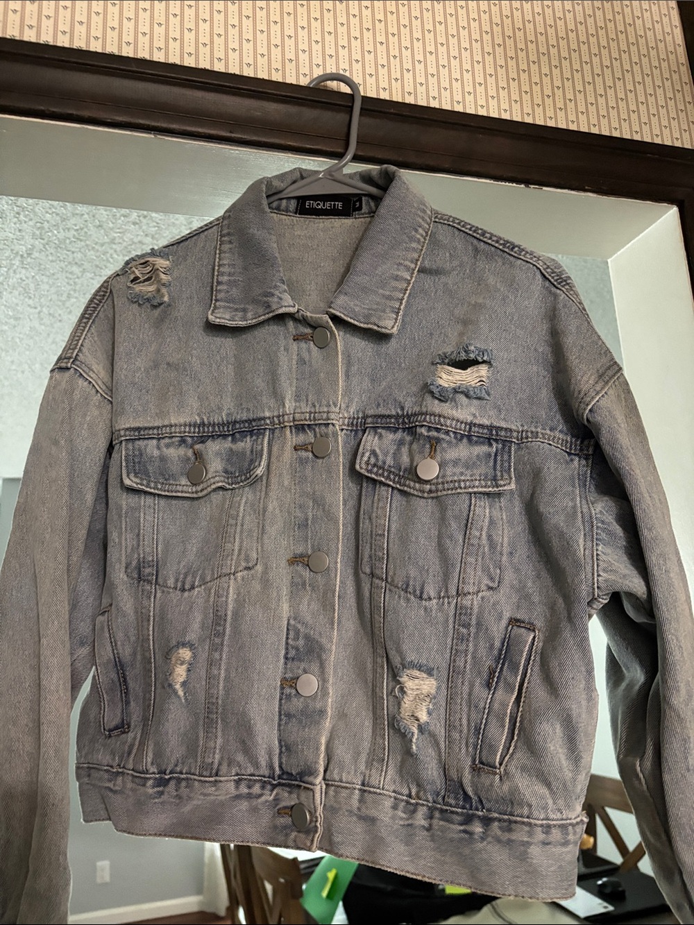 Denim jacket Jeweled Fringe Distressed Light Gray Denim Jacket - medium